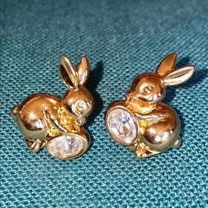 GOLD BUNNY Rabbit Earnings w Diamond Egg EASTER JEWELRY 3D Studs